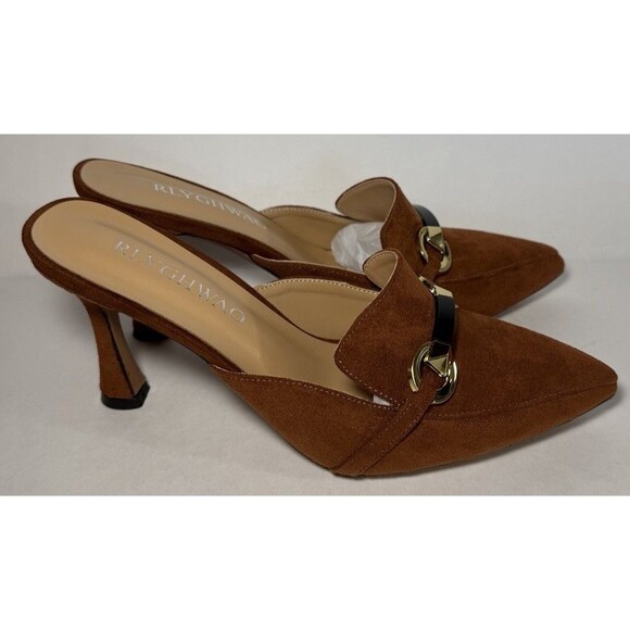 RLYGHWAO - Pointed Closed Toe High Heel Mules - Brown Suede - Women's 8.5 - NEW - Picture 3 of 5